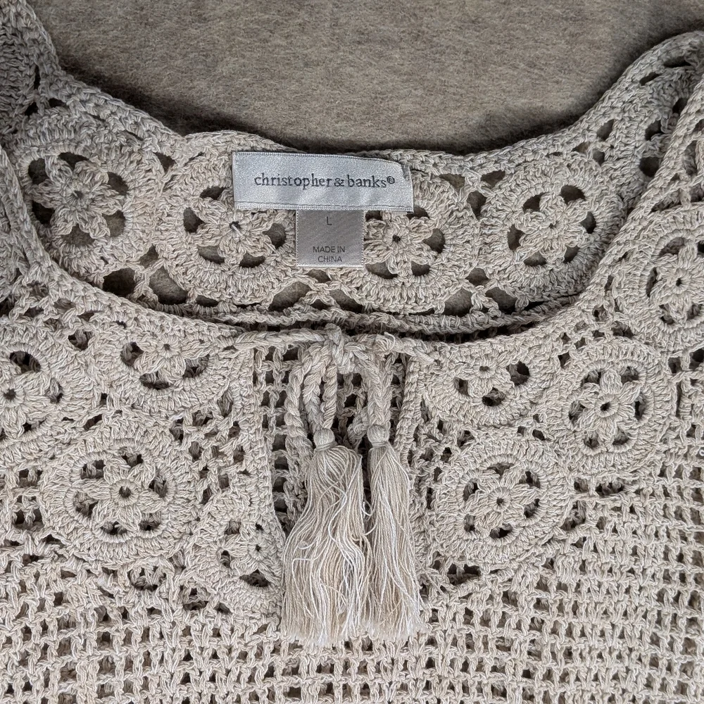 100% Cotton Gorgeous Oatmeal Beachy Natural Boho Crunchy Crochet Top Open Knit L